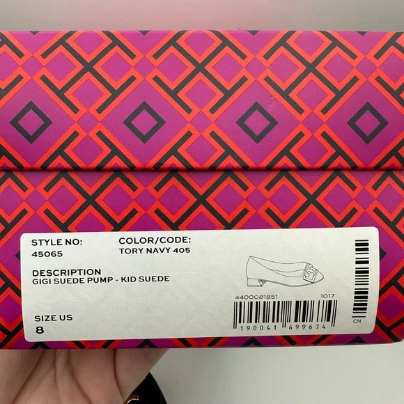 Tory Burch Women's Size 8M Gigi Suede Pump Block Heel Tory Navy Logo Kid Suede - Picture 9 of 9